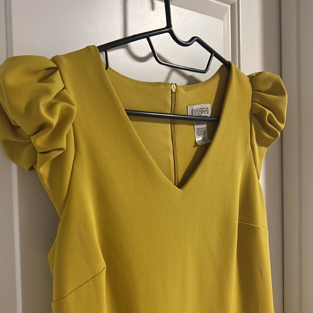 Yellow dress knee length fitted cut puff sleeve